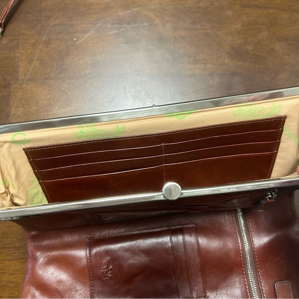 Consuela Tawny Clamshell Clutch Wallet in Brown Leather with Crossbody Strap - Picture 8 of 16